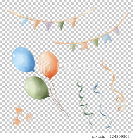 Balloons, stars, garlands, flags, streamers. Set of watercolor holiday elements for celebrating birthday, Christmas and other holidays isolated on a white background. Hand drawn Balloons, stars, garlands, flags, streamers. Set of watercolor holiday elements for celebrating birthday, Christmas and other holidays isolated on a white background. Hand drawn 124209802