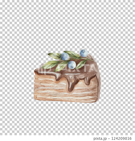 Watercolor pieces of chocolate delicious pie, with blueberries, cream and green sprigs. Hand drawn, isolated on a white background. For design, menu, recipes, kitchen, textiles Watercolor pieces of chocolate delicious pie, with blueberries, cream and green sprigs. Hand drawn, isolated on a white background. For design, menu, recipes, kitchen, textiles 124209816
