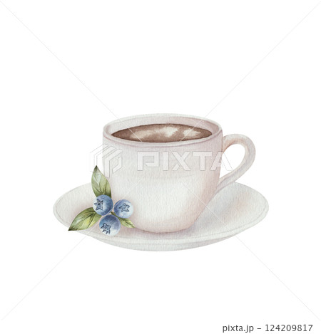 Cup of white coffee, hot chocolate, with saucer and blueberries with green leaves. Watercolor illustration, isolated on a white background. For menu design, cards, cooking Cup of white coffee, hot chocolate, with saucer and blueberries with green leaves. Watercolor illustration, isolated on a white background. For menu design, cards, cooking 124209817