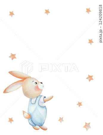 Rectangular card with a cute bunny and gold stars. Watercolor illustration, hand drawn, isolated on a white background. Template for cards, greetings, invitations, children's birthday Rectangular card with a cute bunny and gold stars. Watercolor illustration, hand drawn, isolated on a white background. Template for cards, greetings, invitations, children's birthday 124209818