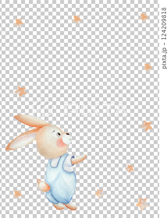 Rectangular card with a cute bunny and gold stars. Watercolor illustration, hand drawn, isolated on a white background. Template for cards, greetings, invitations, children's birthday Rectangular card with a cute bunny and gold stars. Watercolor illustration, hand drawn, isolated on a white background. Template for cards, greetings, invitations, children's birthday 124209818