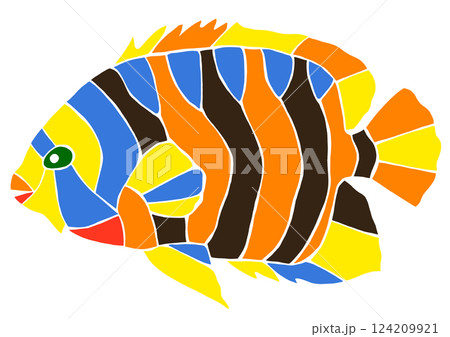 観賞魚ピグミーエンゼルフィッシュのステンドグラス画風切り絵イラスト目地無し 124209921