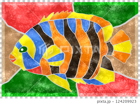 Colorful tiled art cutout illustration of ornamental fish pygmy angelfish with background 124209923