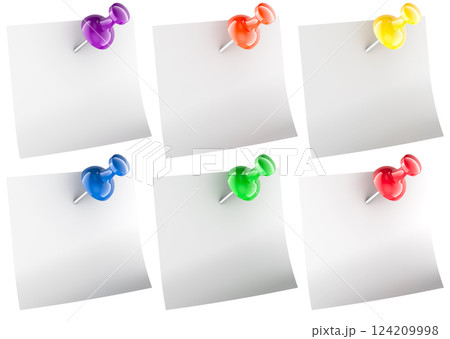 Blank white notes papers with colored push pins, 3D rendering 124209998