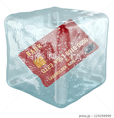 Credit card frozen in ice cube. Frozen Bank Account Concept, 3D rendering Credit card frozen in ice cube. Frozen Bank Account Concept, 3D rendering 124209999