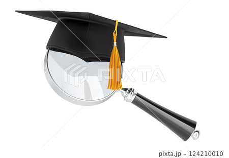 Square academic cap, graduate cap with magnifier. 3D rendering 124210010
