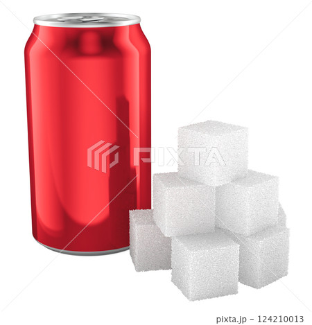 Sugar cubes with red metal drink can. 3D rendering 124210013