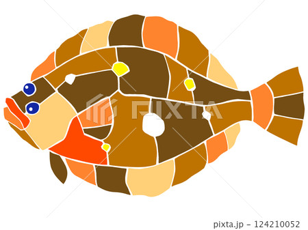 海水魚ヒラメの綺麗なステンドグラス画風切り絵イラスト目地無し 124210052