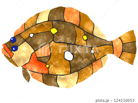 海水魚ヒラメの素敵なモザイク画風切り絵イラスト目地あり 124210053