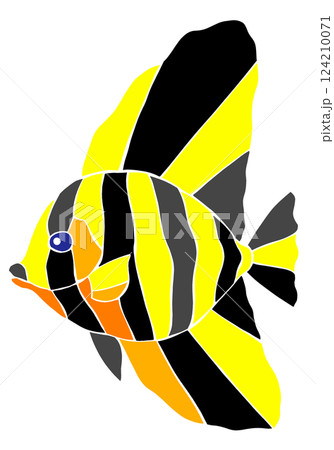 海水魚ヒレナガハギの綺麗なステンドグラス画風切り絵イラスト目地無し 124210071