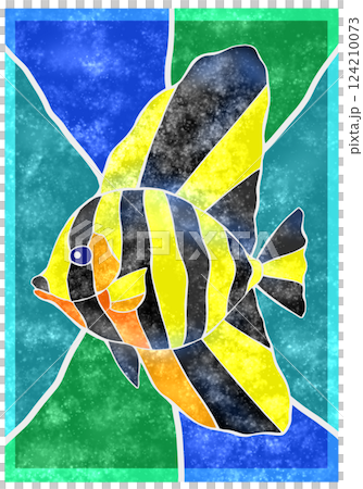 彩色瓷磚風格剪紙插圖，描繪了一條鹹水魚，長鰭金槍魚，背景為 124210073