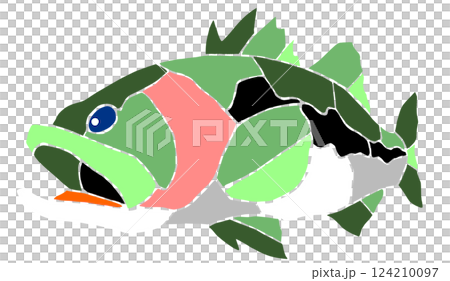 一幅可愛的彩色玻璃風格剪紙插圖,描繪了一條淡水魚,黑鱸魚,沒有關節 一幅可愛的彩色玻璃風格剪紙插圖,描繪了一條淡水魚,黑鱸魚,沒有關節 124210097