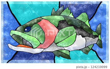 淡水魚ブラックバスのカラフルタイル画切り絵イラスト背景有り 淡水魚ブラックバスのカラフルタイル画切り絵イラスト背景有り 124210099