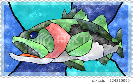 帶有背景的淡水魚黑鱸魚的彩色瓷磚插圖 帶有背景的淡水魚黑鱸魚的彩色瓷磚插圖 124210099