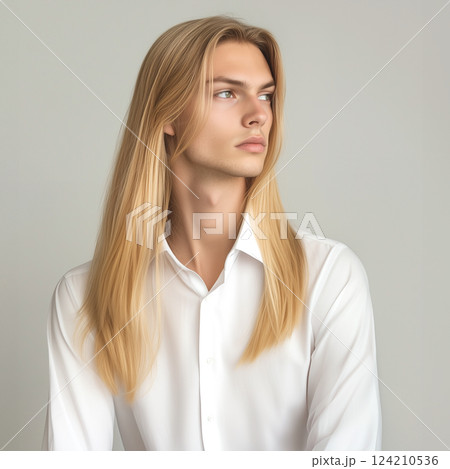 金髪のストレートなロングヘアが美しい白いシャツを着た男性 ファッションのイメージ 124210536