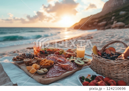 Beach picnic feast at sunset scenic ocean view food platter relaxing atmosphere 124210696