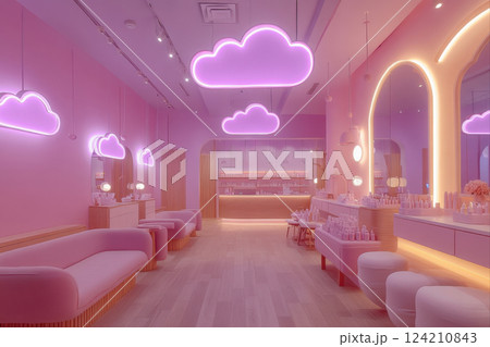 Chic beauty lounge with cloud decor urban setting interior design modern aesthetic Chic beauty lounge with cloud decor urban setting interior design modern aesthetic 124210843