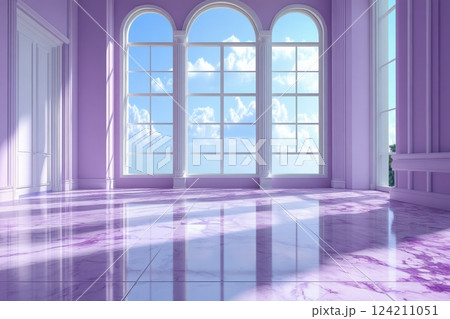 Elegant digital artwork modern interior with arched windows in a serene setting 124211051