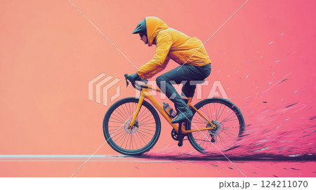 Cyclist performing tricks urban environment action photography vibrant background dynamic motion urban adventure 124211070