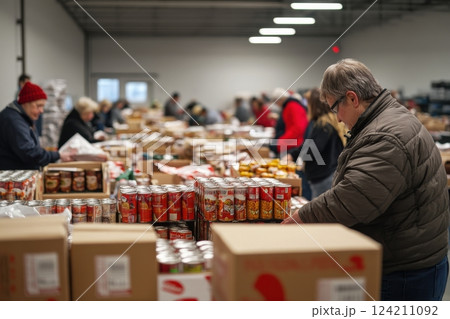 Volunteers organizing goods for local food bank a close-up on charity impact 124211092