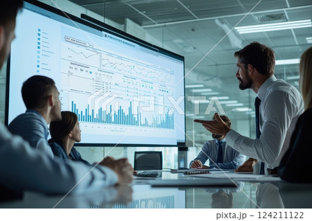 Collaborative business meeting analyzing data trends office presentation corporate environment team viewpoint strategic insights 124211122