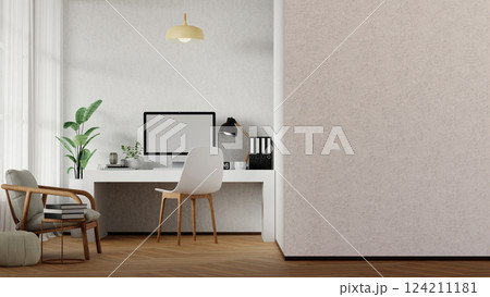 Elegant workspace with minimalist features, 3D render illustration. Elegant workspace with minimalist features, 3D render illustration. 124211181
