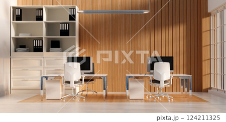 Sleek Office Design with Functional Workspace Elements, 3D render illustration Sleek Office Design with Functional Workspace Elements, 3D render illustration 124211325