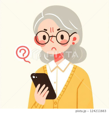 スマホを使い間違いの札を持った高齢の女性 124211663