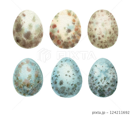 Watercolor quail egg set beige and blue. Hand drawn speckled shells. Vintage Easter art for design. Spotted eggs are perfect for card and print. Classic artwork for religious and farm design. 124211692
