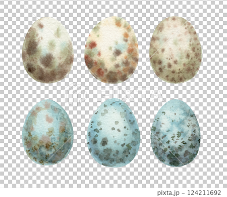 Watercolor quail egg set beige and blue. Hand drawn speckled shells. Vintage Easter art for design. Spotted eggs are perfect for card and print. Classic artwork for religious and farm design. 124211692