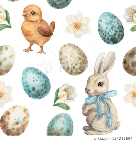 Easter seamless pattern with bunny and chick on the white background. Hand drawn watercolor design in vintage style. Cute nature print ideal for wallpaper. Perfect for holiday fabric and paper. Easter seamless pattern with bunny and chick on the white background. Hand drawn watercolor design in vintage style. Cute nature print ideal for wallpaper. Perfect for holiday fabric and paper. 124211694