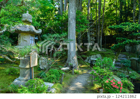 緑に囲まれた石灯籠の庭園 124211862
