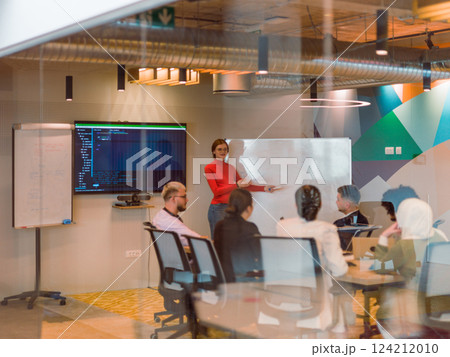 In the vibrant ambiance of a modern startup office, a diverse group of businesspeople gathers around a meeting table, exemplifying teamwork, collaboration, and the dynamic spirit of contemporary In the vibrant ambiance of a modern startup office, a diverse group of businesspeople gathers around a meeting table, exemplifying teamwork, collaboration, and the dynamic spirit of contemporary 124212010