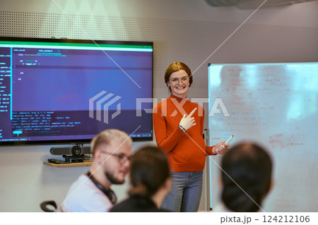 A pregnant business woman with orange hair confidently presents her business plan to colleagues in a modern glass office, embodying entrepreneurship and innovation 124212106
