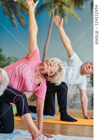 Senior Women Embrace Wellness: Yoga and Stretching in a Sunlit Space 124212454
