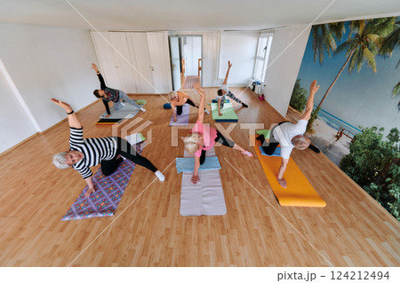 Wide Photo of Senior Women Embrace Wellness: Yoga and Stretching in a Sunlit Space Wide Photo of Senior Women Embrace Wellness: Yoga and Stretching in a Sunlit Space 124212494