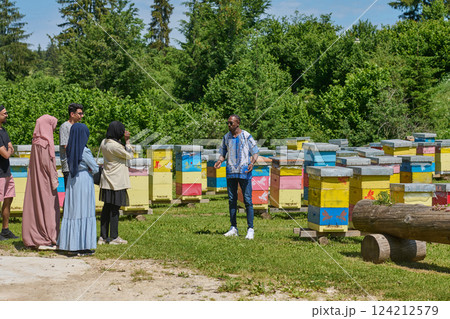 A diverse group of young friends and entrepreneurs explore small honey production businesses in the natural setting of the countryside. A diverse group of young friends and entrepreneurs explore small honey production businesses in the natural setting of the countryside. 124212579