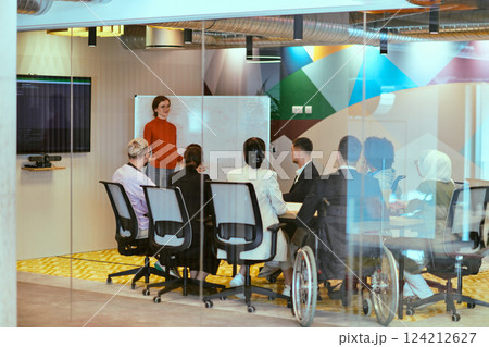 A pregnant business woman with orange hair confidently presents her business plan to colleagues in a modern glass office, embodying entrepreneurship and innovation 124212627