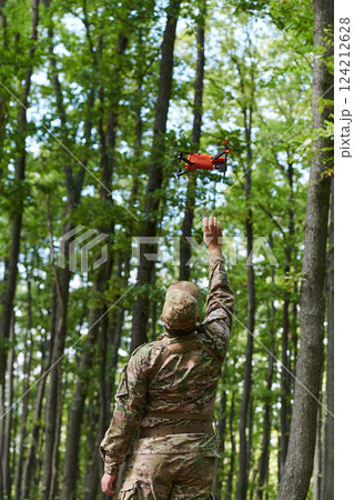 Elite military unit, equipped with state-of-the-art technology including a drone, strategically navigates and surveys dangerous wooded terrain, showcasing their precision, cooperation, and specialized Elite military unit, equipped with state-of-the-art technology including a drone, strategically navigates and surveys dangerous wooded terrain, showcasing their precision, cooperation, and specialized 124212628
