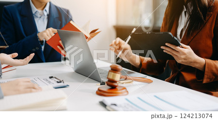 business people and lawyers discussing contract papers sitting at the table. Concepts of law, advice, legal services. business people and lawyers discussing contract papers sitting at the table. Concepts of law, advice, legal services. 124213074