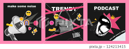 Trending covers for the podcast. With collage and hand-cut halftone style. Stickers with emoji and torn paper. Vector illustration banner Trending covers for the podcast. With collage and hand-cut halftone style. Stickers with emoji and torn paper. Vector illustration banner 124213415
