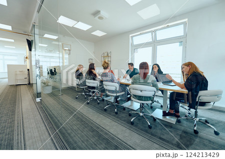 Diverse Business Team Discussing Projects in a Modern Glass Office. Diverse Business Team Discussing Projects in a Modern Glass Office. 124213429