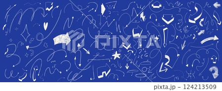 Set of handdrawn scribble arrows. Squiggly line strokes. Pen doodle elements. Infographic decoraring set. Collection of vector chalk guides. White at the blue background. Set of handdrawn scribble arrows. Squiggly line strokes. Pen doodle elements. Infographic decoraring set. Collection of vector chalk guides. White at the blue background. 124213509