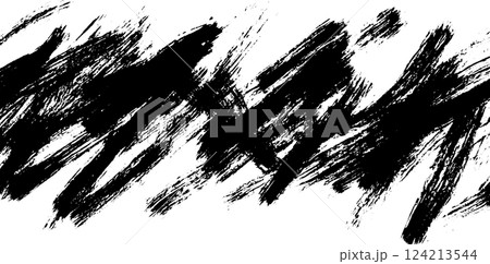 A dynamic abstract black brushstroke pattern on a white background, conveying movement and energy. 124213544