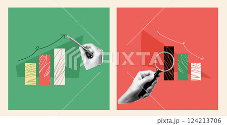 Set of Two square illustration of the theme of finance. Down and up chart with collage halftone hand with pencil and magnifying glass. Finance education. Vector trendy abstract popart banner. 124213706