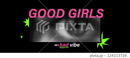 Halftone girl eye t-shirt print design. Trendy retro art. Contemporary acid colors with textures and jagged stars. Halftone girl eye t-shirt print design. Trendy retro art. Contemporary acid colors with textures and jagged stars. 124213726