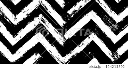 A bold black and white zigzag pattern with a brushstroke texture, creating a dynamic and artistic look. 124213892
