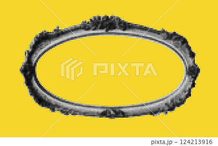 This vibrant collage showcases a finely detailed halftone frame in black, contrasting beautifully with a bright yellow background. It invites viewers to explore the boundaries of creativity. 124213916