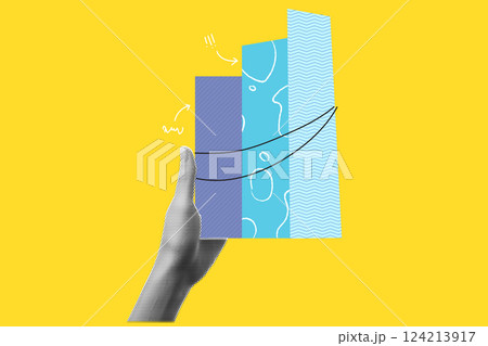 Vector illustration with hand and graphic. Halftone collage in vibrant colours. Hand with a circular diagram with textures and doodles. Contemporary yellow background 124213917