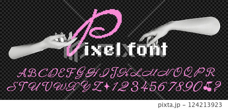 Pixel pink font set in 8-bit retro style with alphabet and numbers at the transparent background. Vector typography for 80s and 90s arcade games, vintage computer text, and digital comic titles Pixel pink font set in 8-bit retro style with alphabet and numbers at the transparent background. Vector typography for 80s and 90s arcade games, vintage computer text, and digital comic titles 124213923